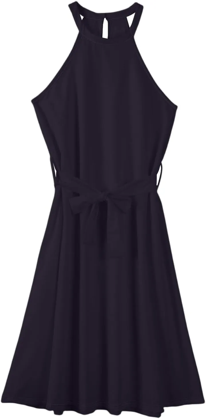 Womens Midi Halter Floral Dresses Casual Summer Sleeveless Flowy A Line Sundress Tie Empire Waist Frocks