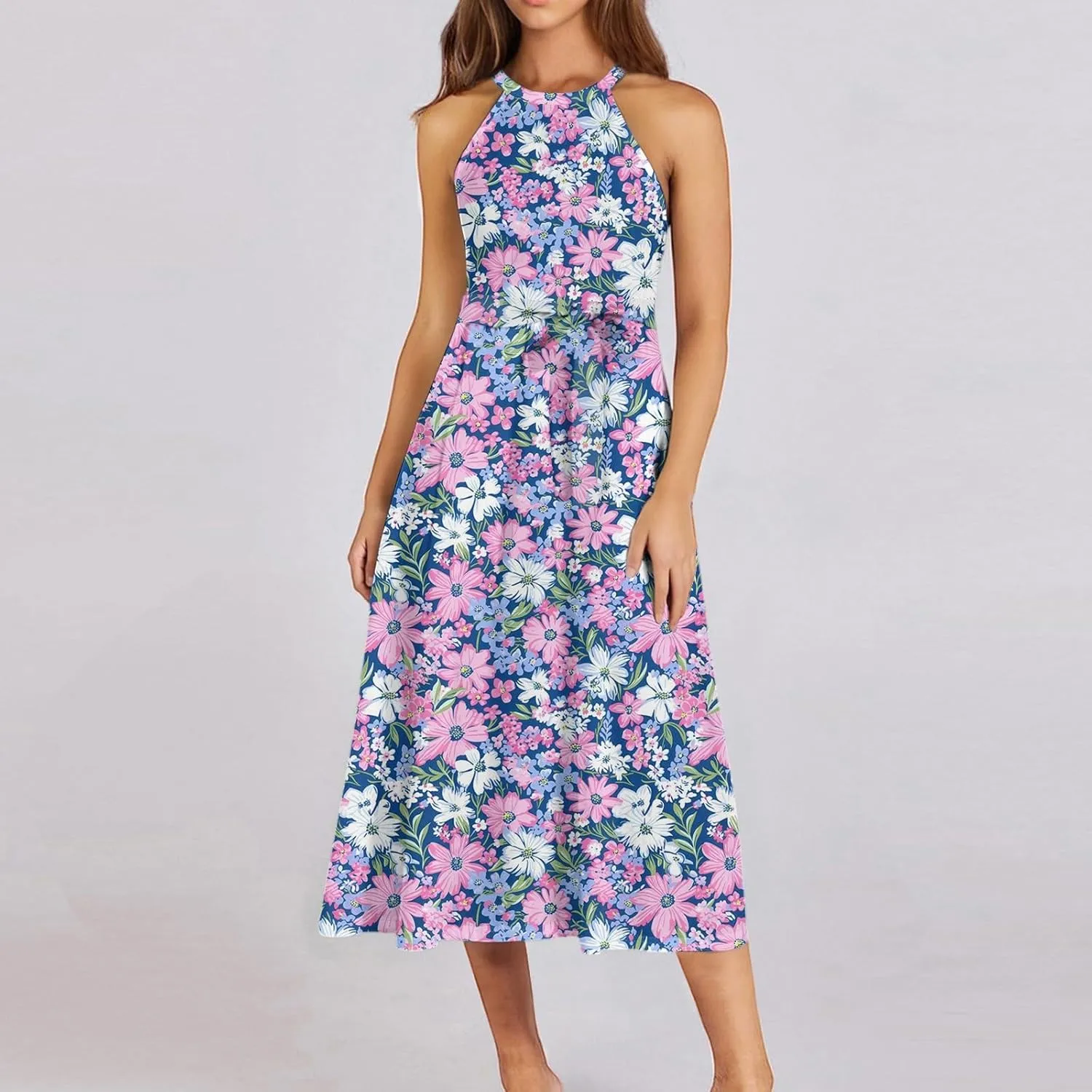 Womens Midi Halter Floral Dresses Casual Summer Sleeveless Tie Empire Waist Flowy A Line Sundress Frocks