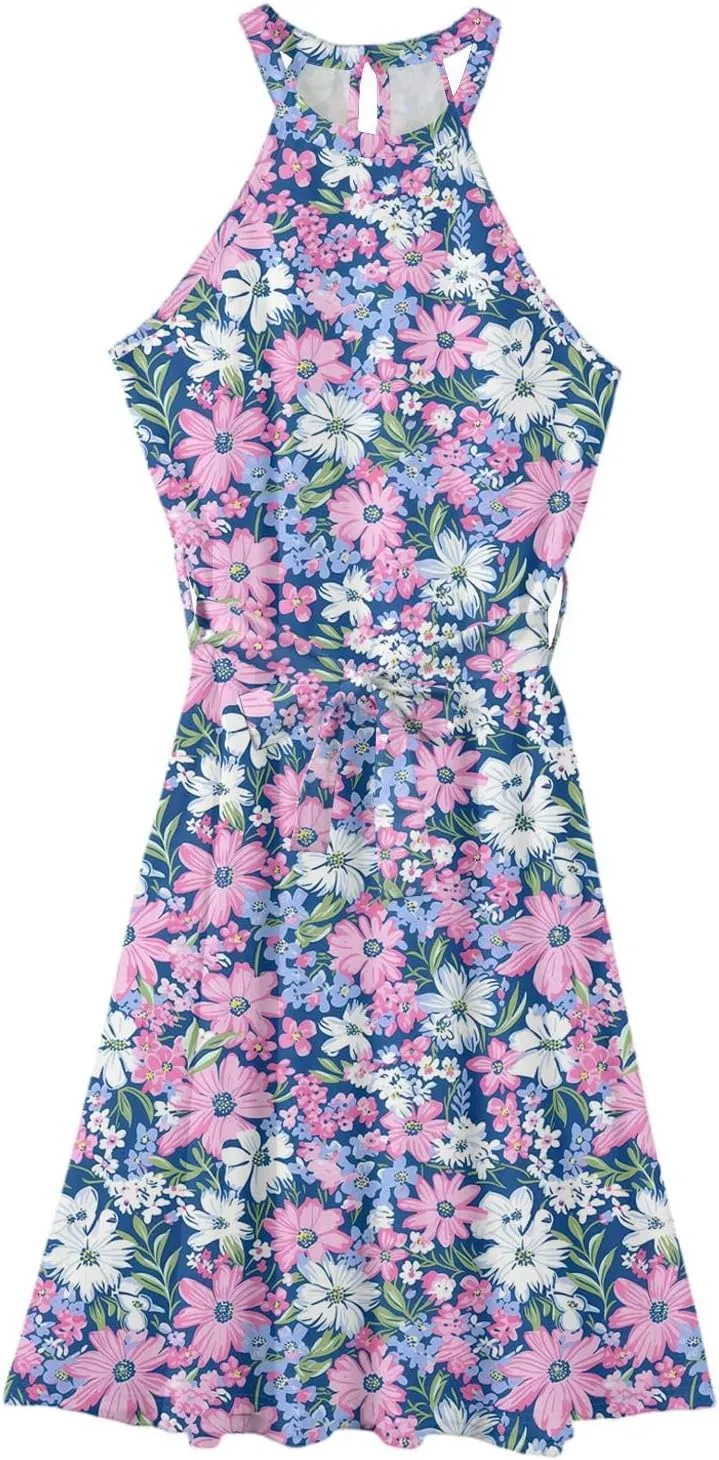 Womens Midi Halter Floral Dresses Casual Summer Sleeveless Tie Empire Waist Flowy A Line Sundress Frocks