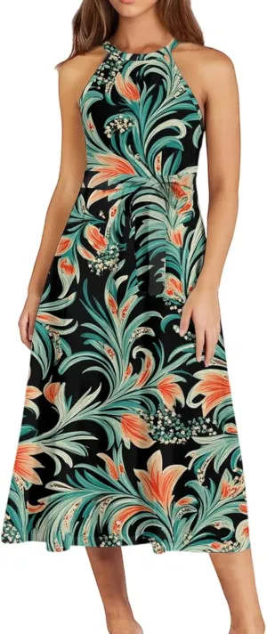 Womens Midi Halter Floral Dresses Casual Summer Tie Empire Waist Flowy A Line Sundress Sleeveless Frocks