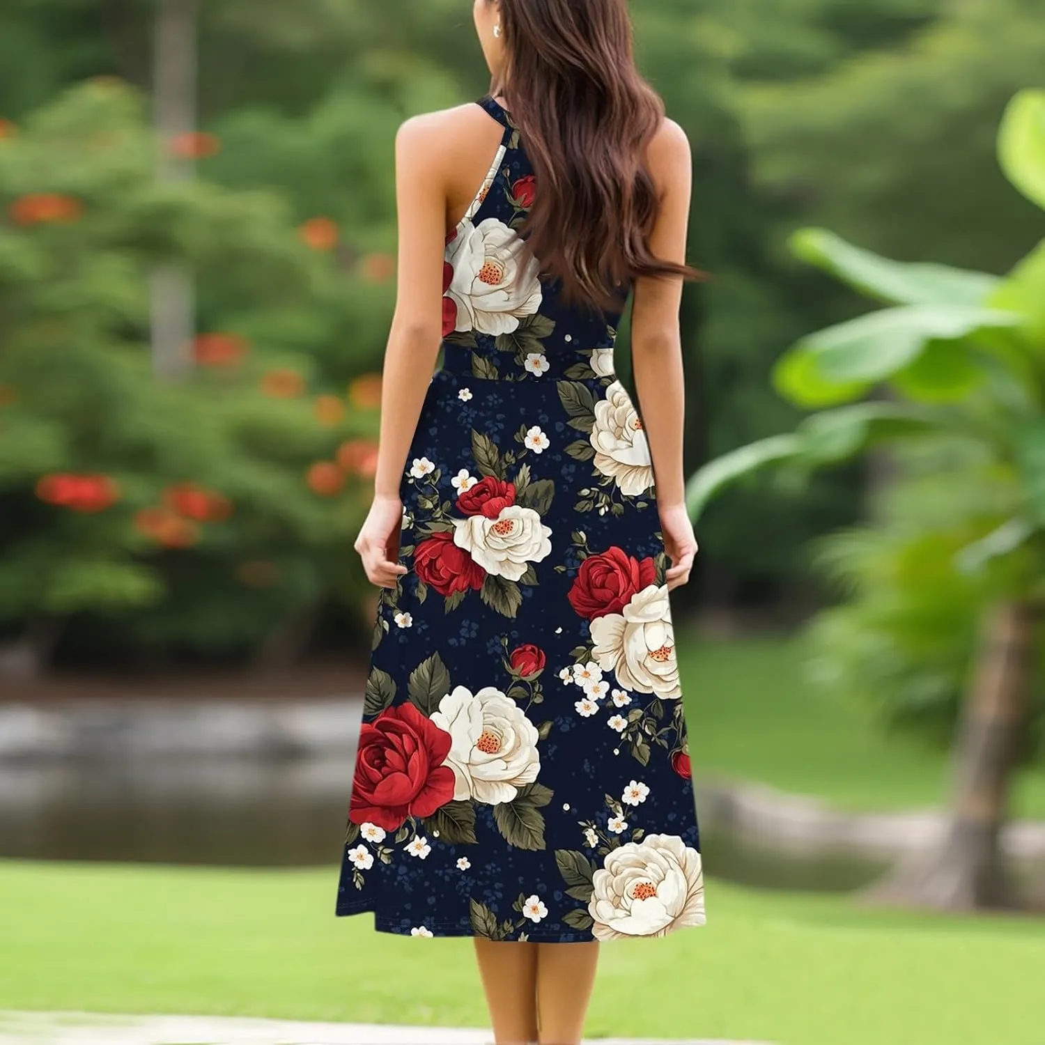 Womens Midi Halter Floral Dresses Casual Summer Tie Empire Waist Flowy A Line Sundress Sleeveless Frocks