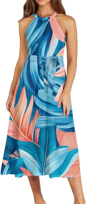Womens Midi Halter Floral Dresses Casual Summer Tie Empire Waist Flowy A Line Sundress Sleeveless Frocks