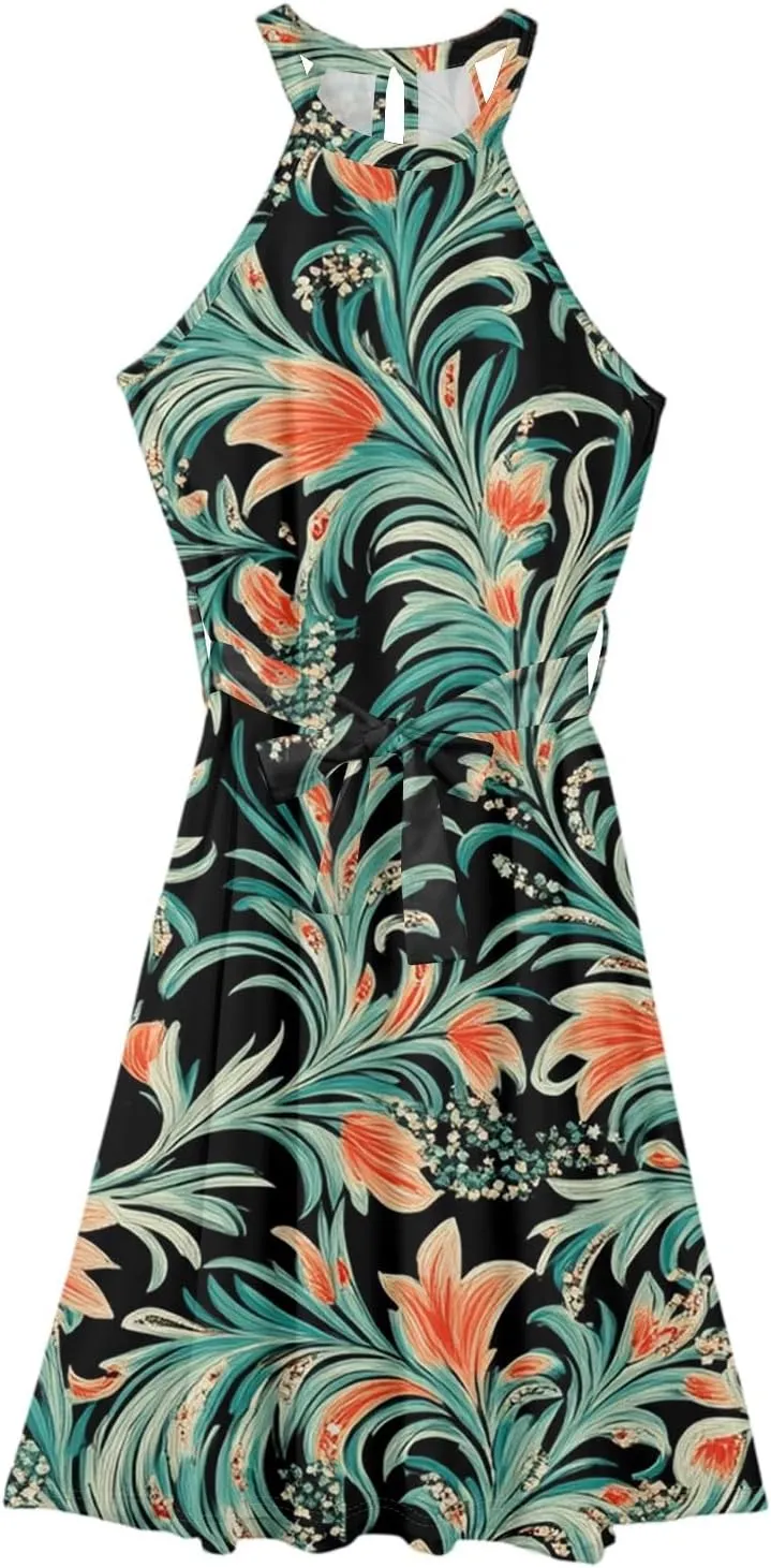 Womens Midi Halter Floral Dresses Casual Summer Tie Empire Waist Flowy A Line Sundress Sleeveless Frocks