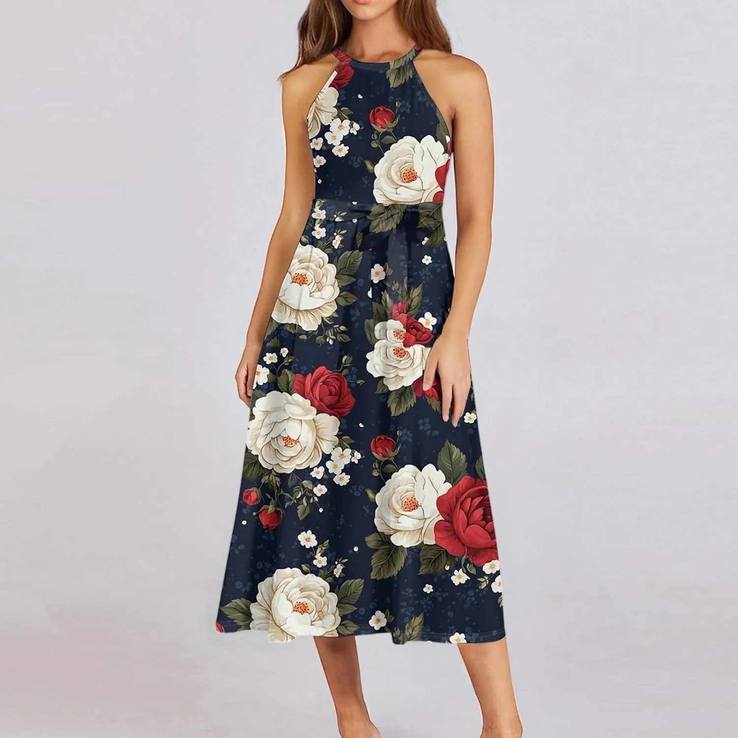 Womens Midi Halter Floral Dresses Casual Summer Tie Empire Waist Flowy A Line Sundress Sleeveless Frocks