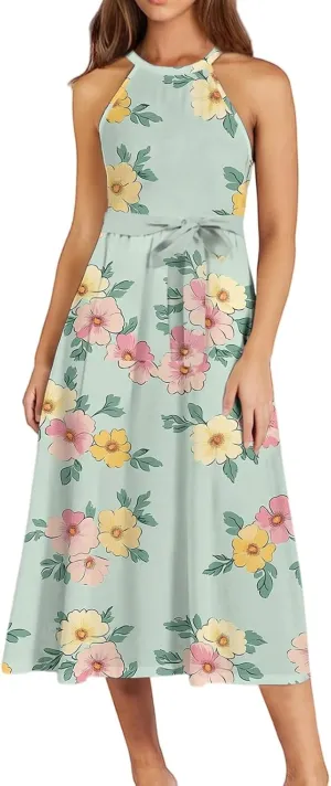 Womens Midi Halter Floral Dresses Casual Summer Tie Empire Waist Flowy A Line Sundress Sleeveless Frocks