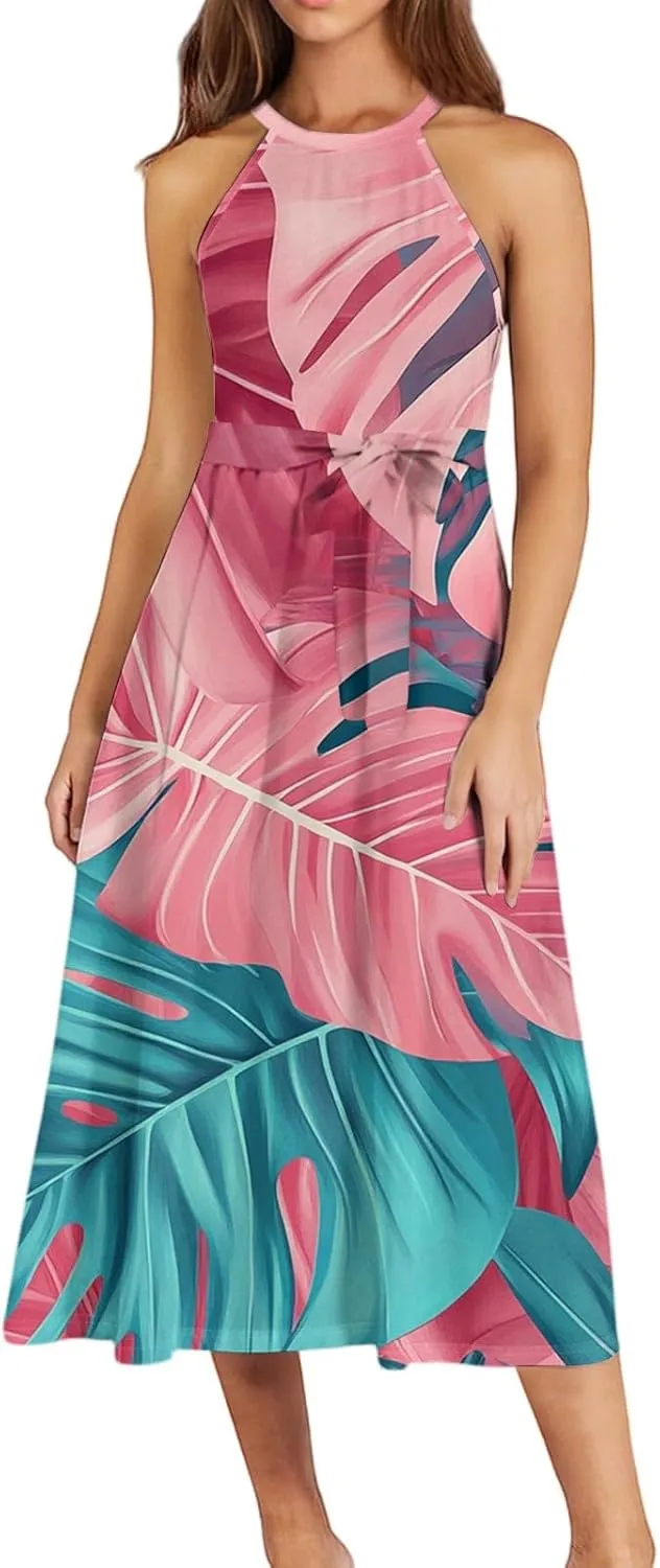 Womens Midi Halter Floral Dresses Casual Summer Tie Empire Waist Flowy A Line Sundress Sleeveless Frocks