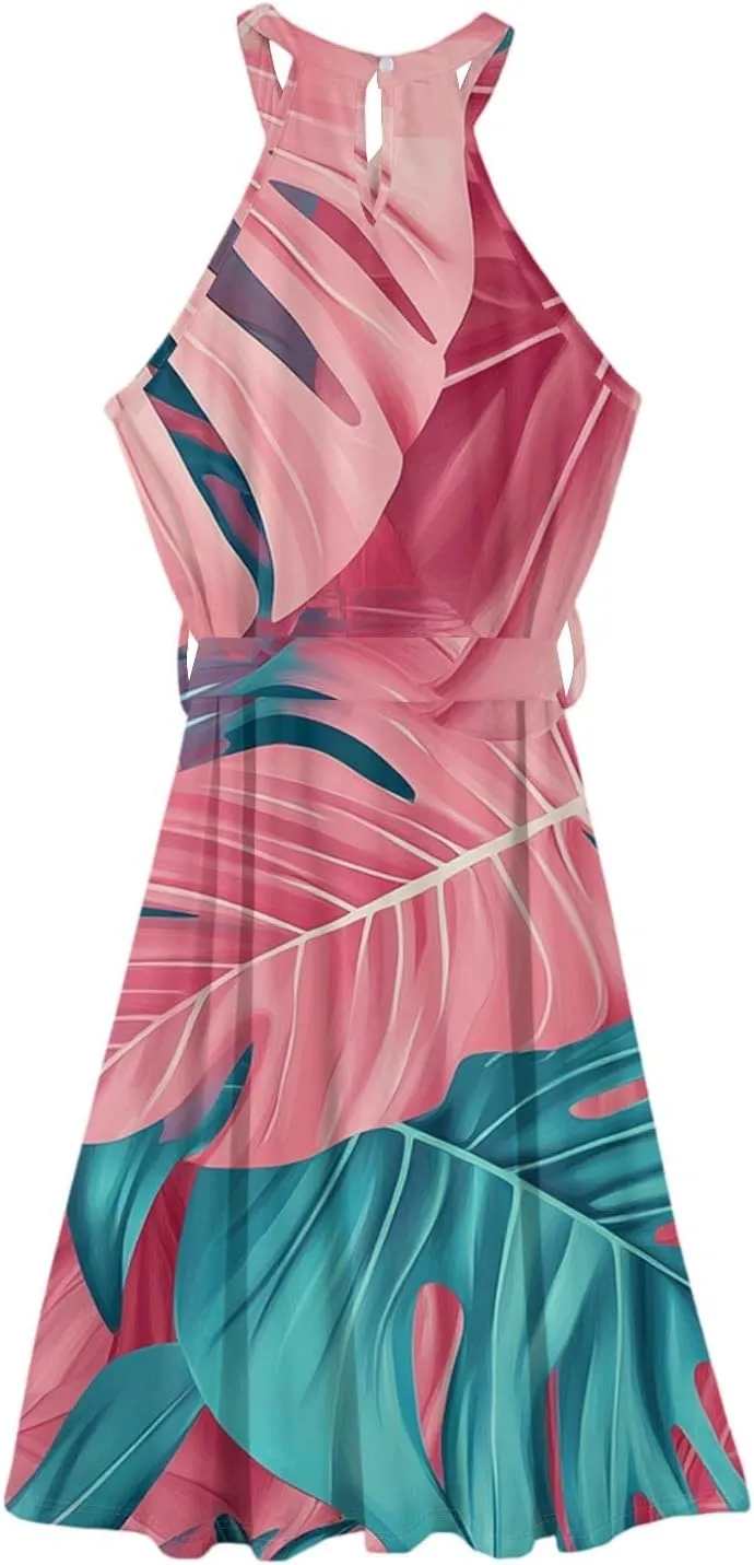Womens Midi Halter Floral Dresses Casual Summer Tie Empire Waist Flowy A Line Sundress Sleeveless Frocks