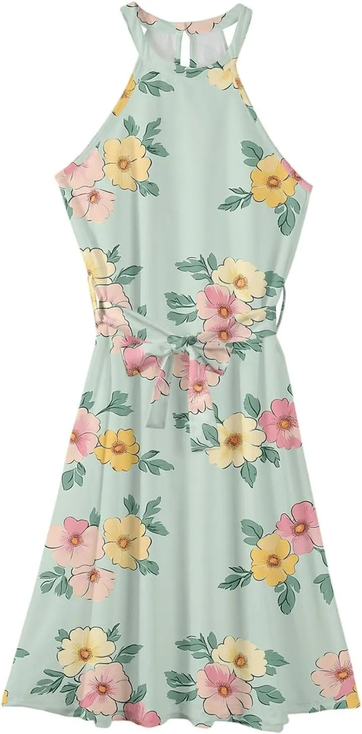 Womens Midi Halter Floral Dresses Casual Summer Tie Empire Waist Flowy A Line Sundress Sleeveless Frocks