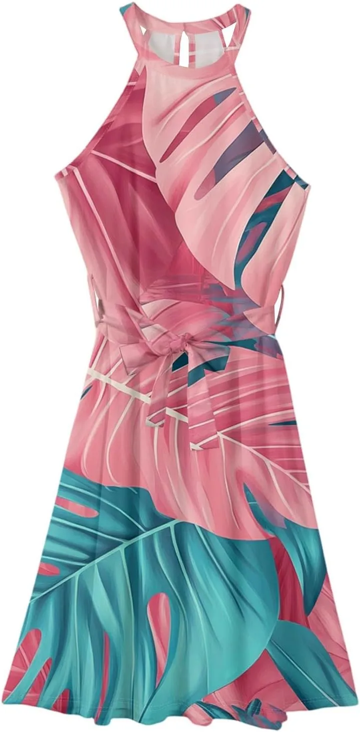 Womens Midi Halter Floral Dresses Casual Summer Tie Empire Waist Flowy A Line Sundress Sleeveless Frocks