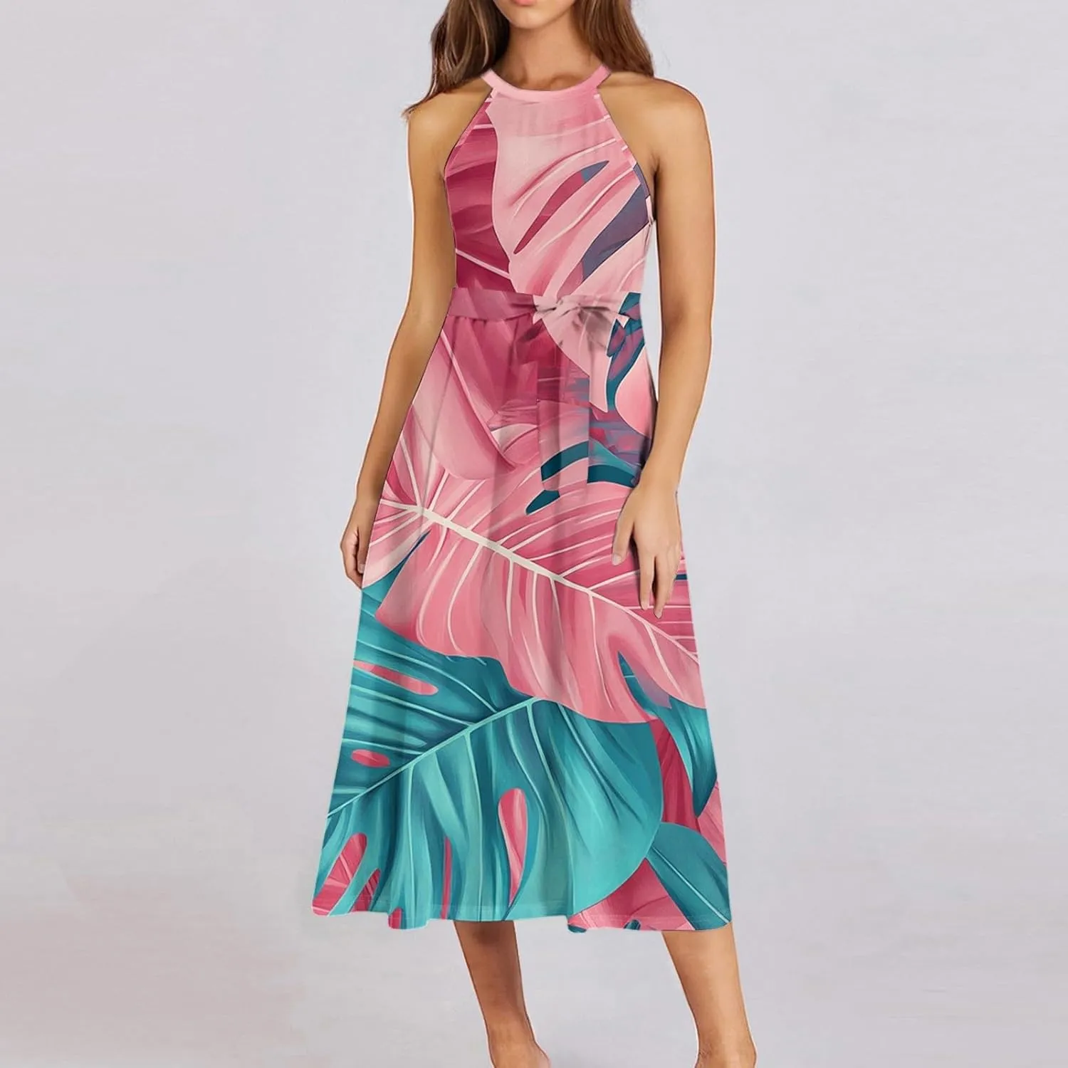 Womens Midi Halter Floral Dresses Casual Summer Tie Empire Waist Flowy A Line Sundress Sleeveless Frocks