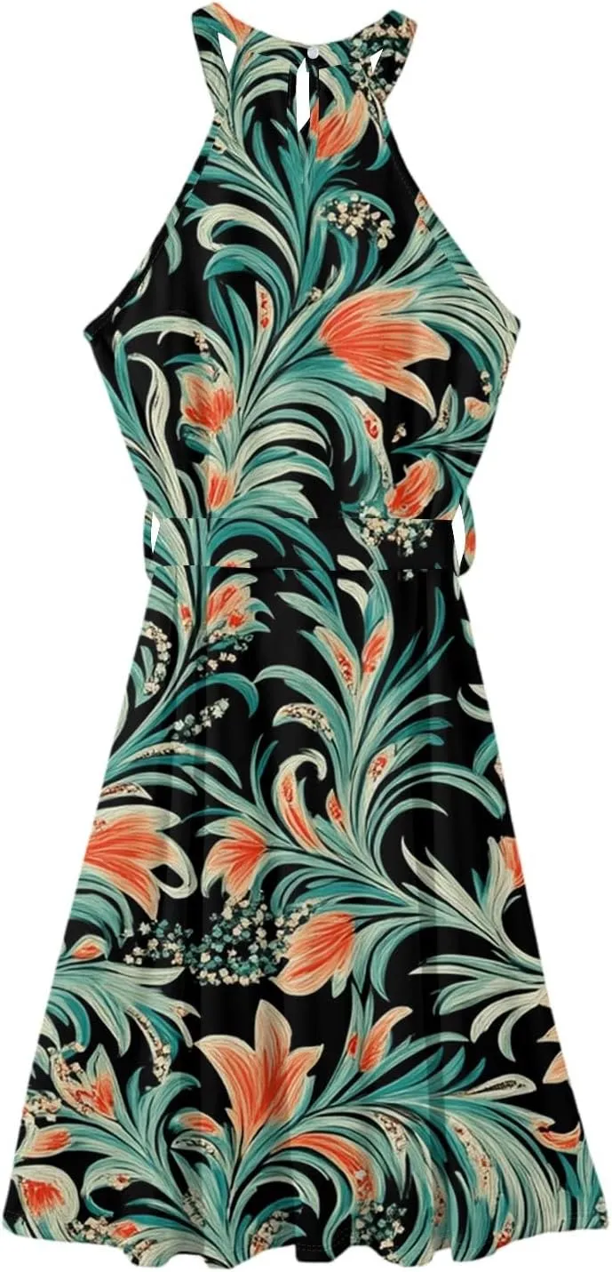 Womens Midi Halter Floral Dresses Casual Summer Tie Empire Waist Flowy A Line Sundress Sleeveless Frocks