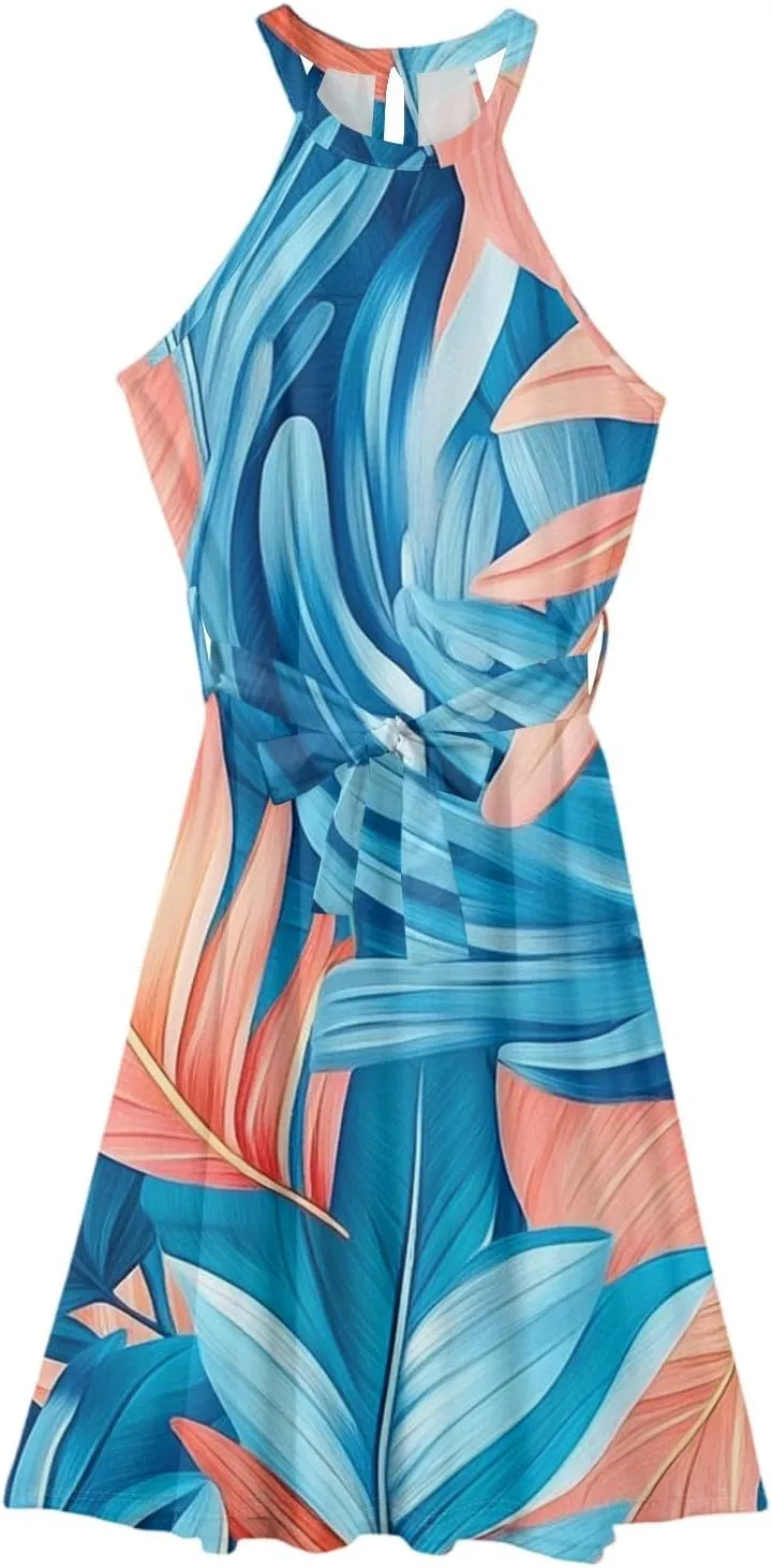 Womens Midi Halter Floral Dresses Casual Summer Tie Empire Waist Flowy A Line Sundress Sleeveless Frocks