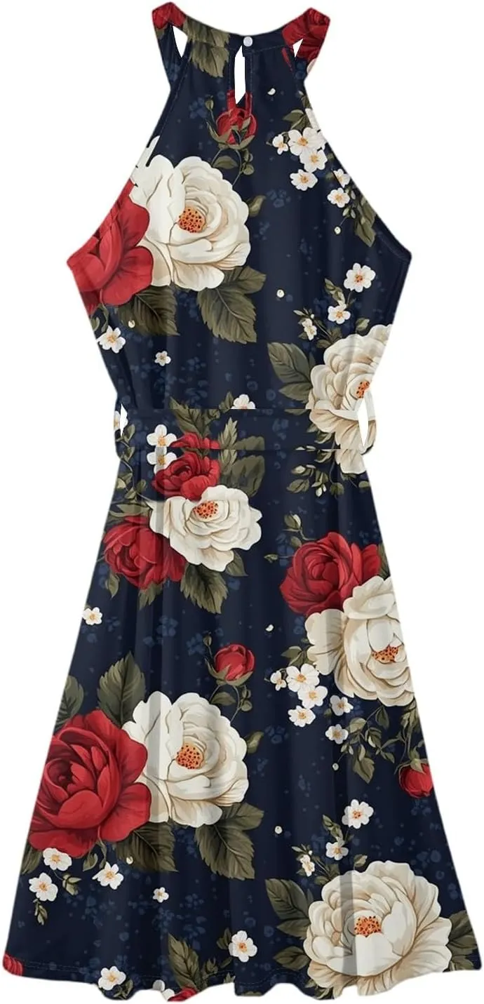 Womens Midi Halter Floral Dresses Casual Summer Tie Empire Waist Flowy A Line Sundress Sleeveless Frocks