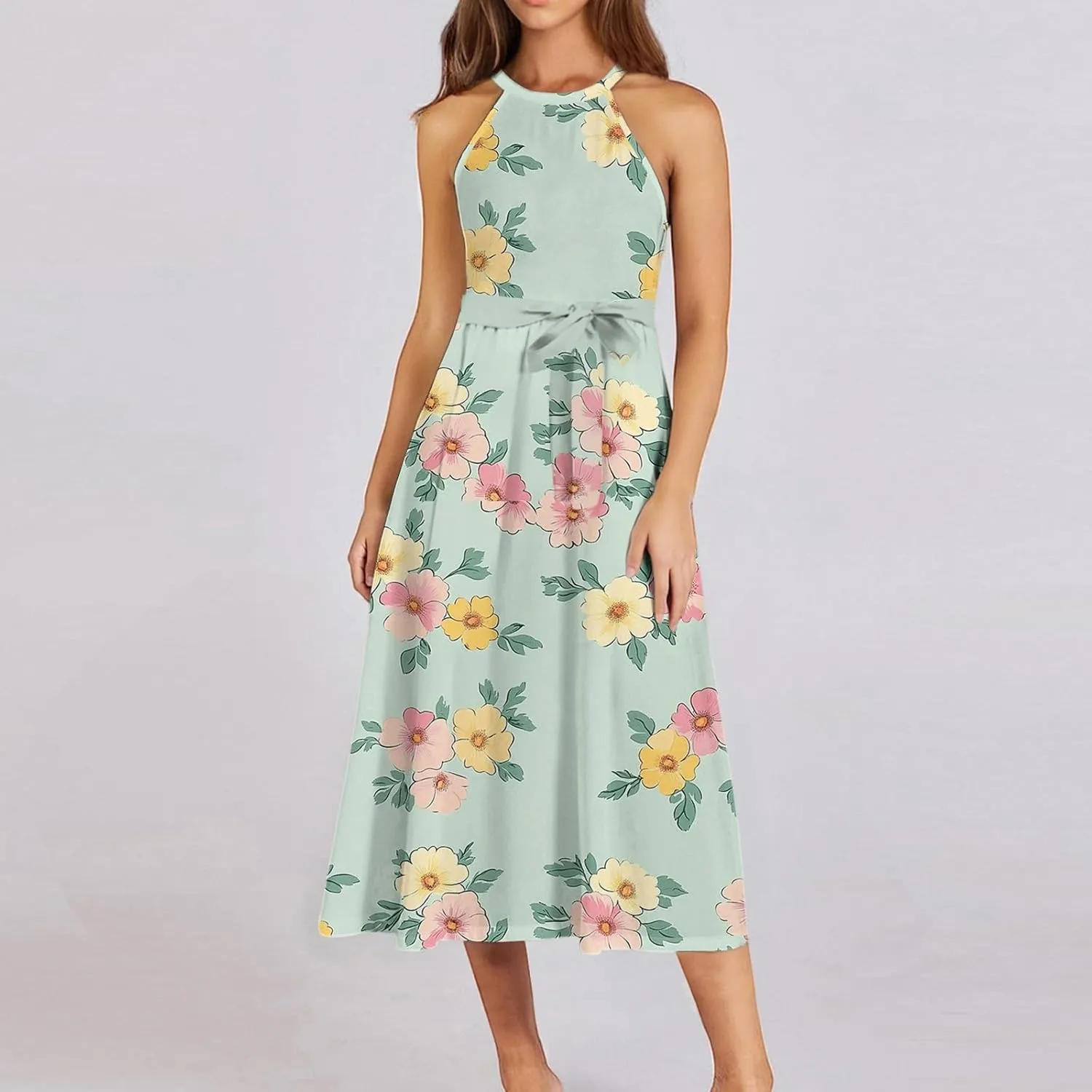 Womens Midi Halter Floral Dresses Casual Summer Tie Empire Waist Flowy A Line Sundress Sleeveless Frocks