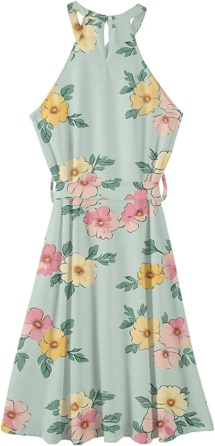 Womens Midi Halter Floral Dresses Casual Summer Tie Empire Waist Flowy A Line Sundress Sleeveless Frocks