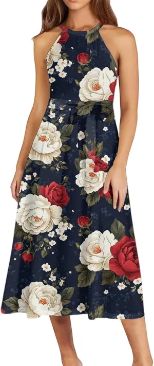 Womens Midi Halter Floral Dresses Casual Summer Tie Empire Waist Flowy A Line Sundress Sleeveless Frocks