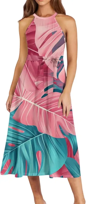 Womens Midi Halter Floral Dresses Casual Summer Tie Empire Waist Flowy A Line Sundress Sleeveless Frocks