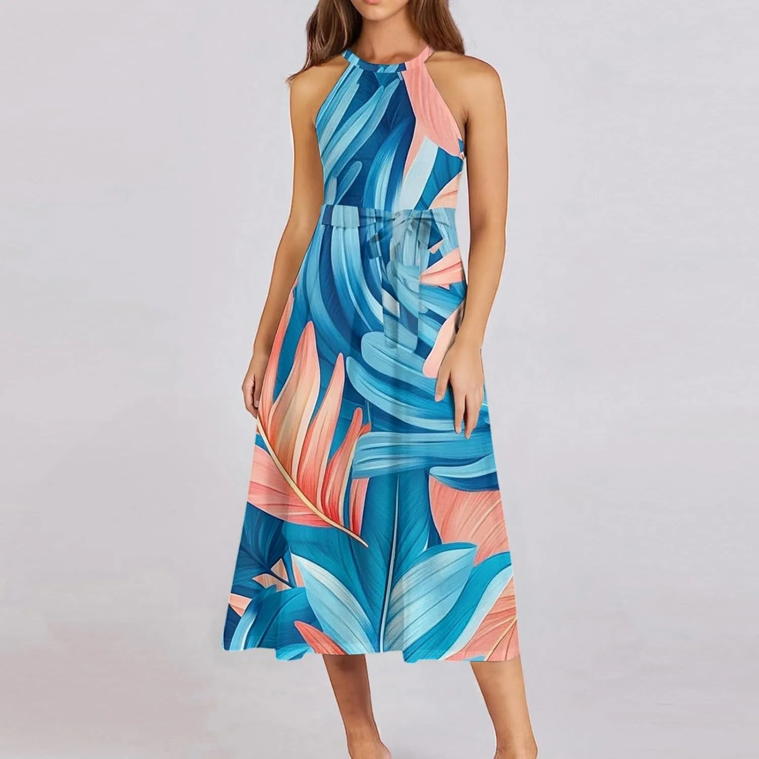 Womens Midi Halter Floral Dresses Casual Summer Tie Empire Waist Flowy A Line Sundress Sleeveless Frocks