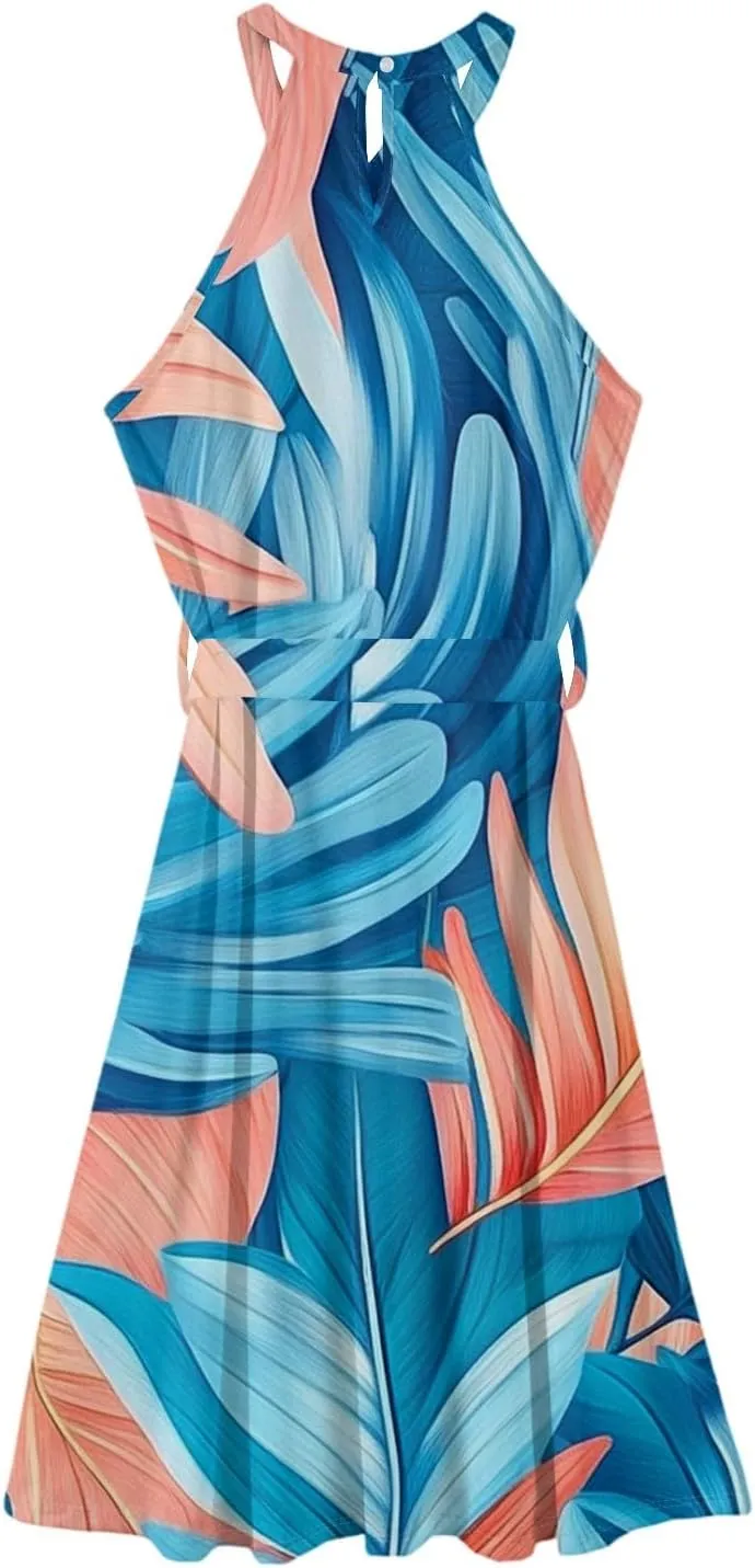 Womens Midi Halter Floral Dresses Casual Summer Tie Empire Waist Flowy A Line Sundress Sleeveless Frocks