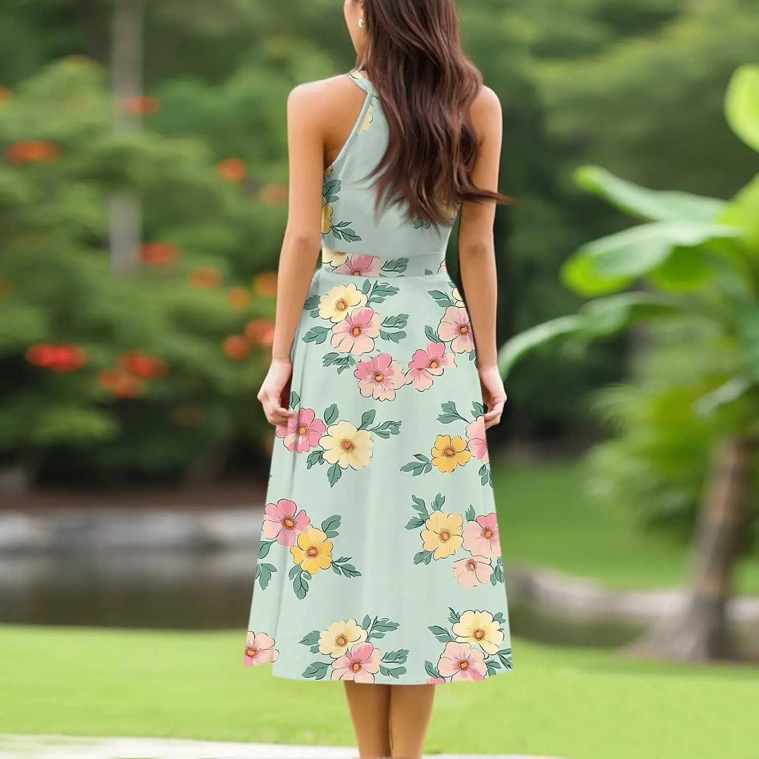 Womens Midi Halter Floral Dresses Casual Summer Tie Empire Waist Flowy A Line Sundress Sleeveless Frocks