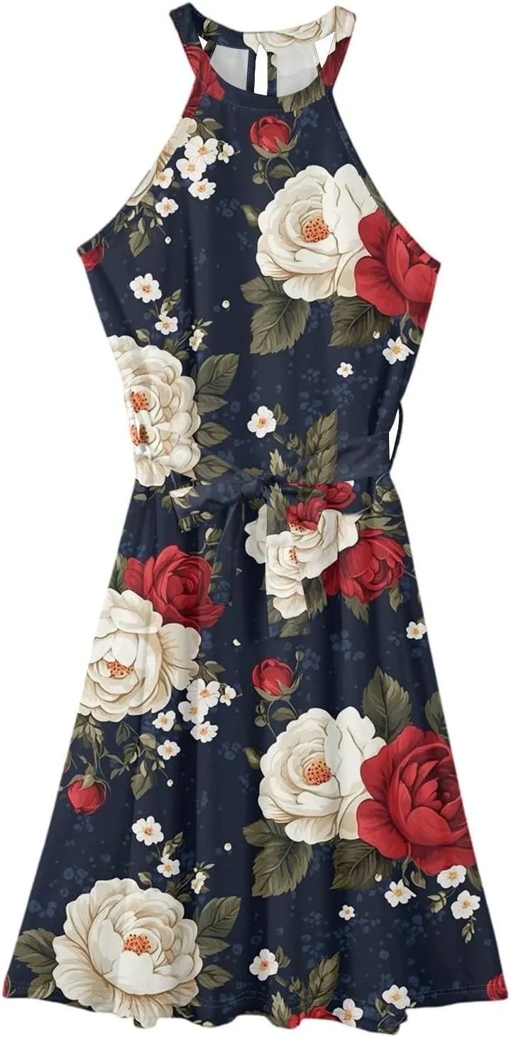 Womens Midi Halter Floral Dresses Casual Summer Tie Empire Waist Flowy A Line Sundress Sleeveless Frocks