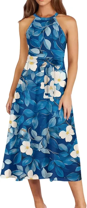 Womens Midi Halter Floral Dresses Casual Summer Tie Empire Waist Sleeveless Flowy A Line Sundress Frocks