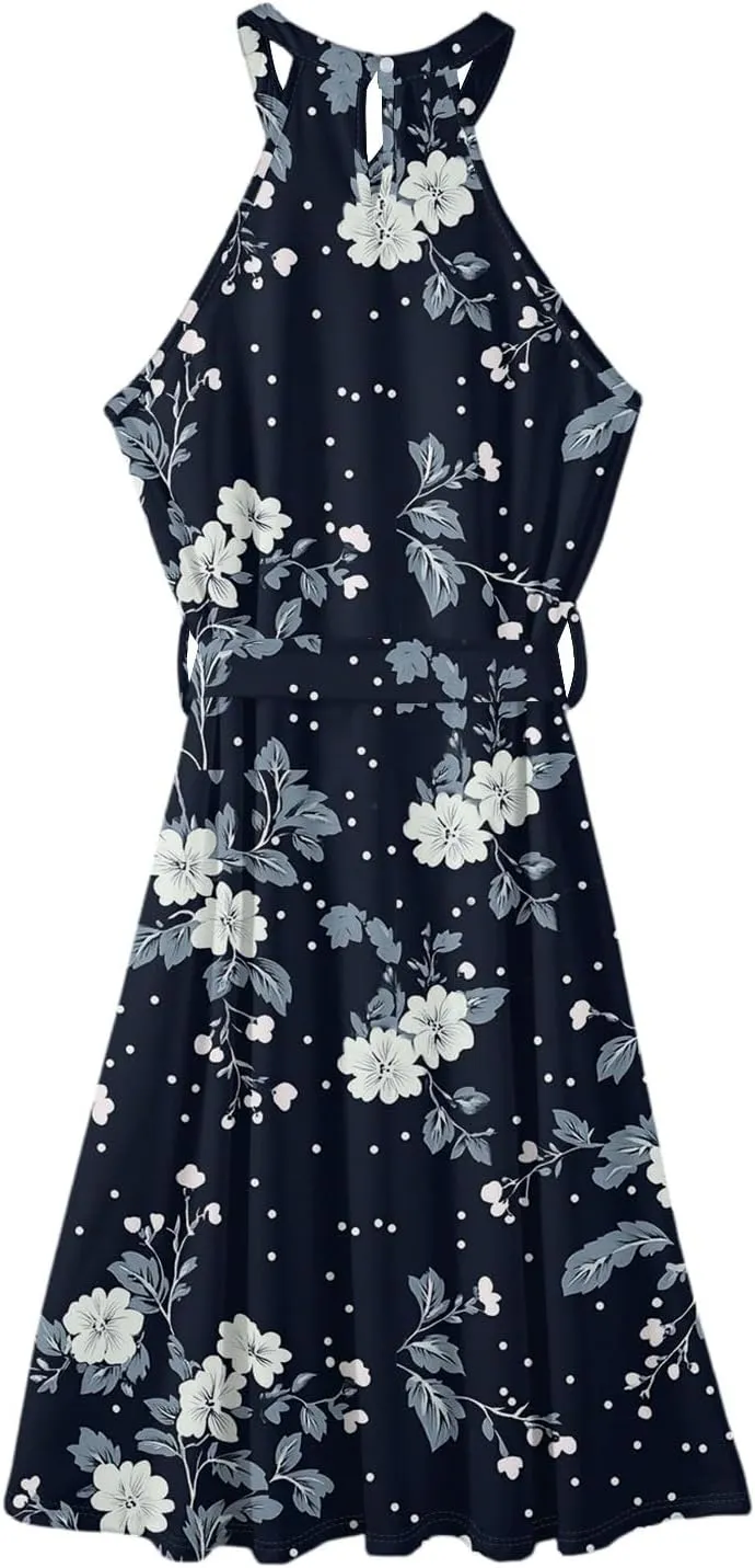 Womens Midi Halter Floral Dresses Casual Summer Tie Empire Waist Sleeveless Flowy A Line Sundress Frocks