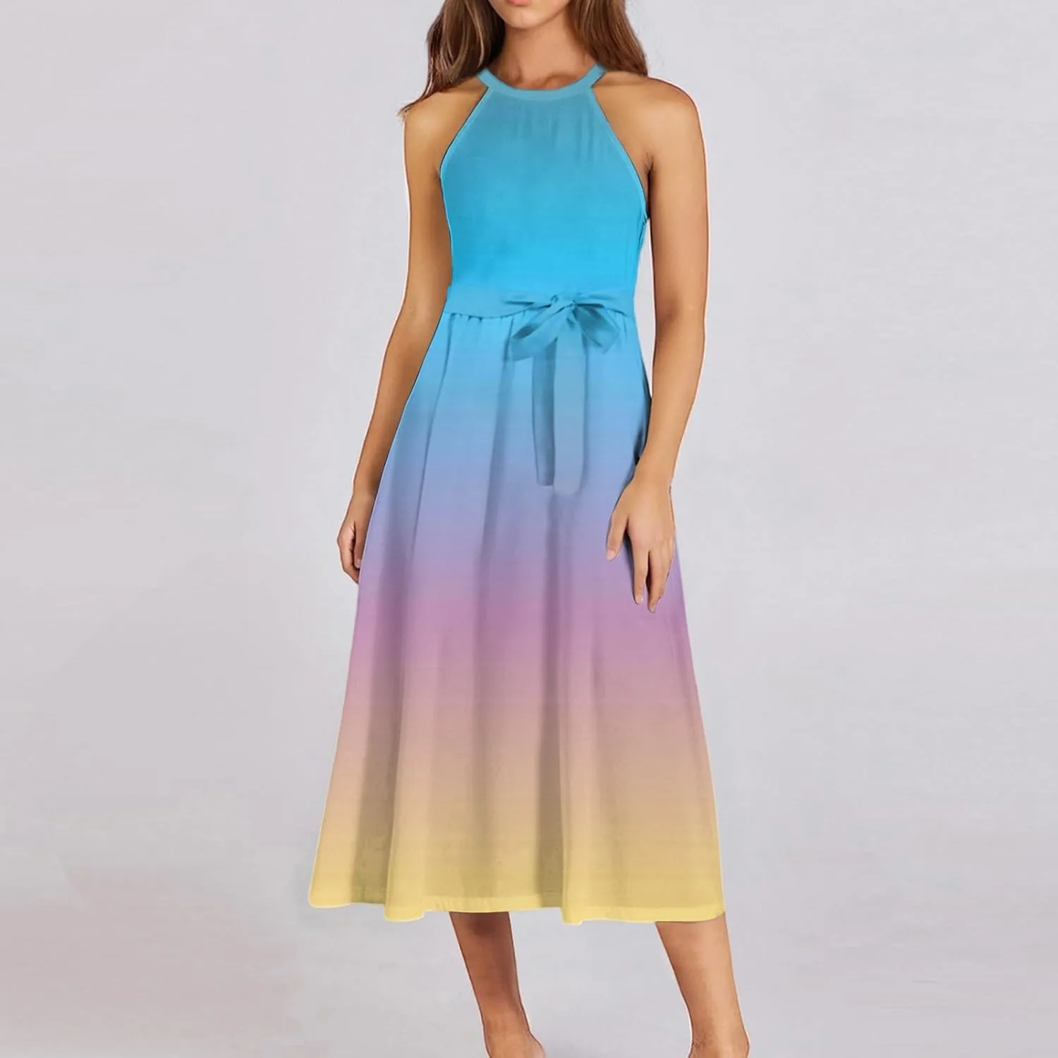Womens Midi Halter Floral Dresses Casual Summer Tie Empire Waist Sleeveless Flowy A Line Sundress Frocks