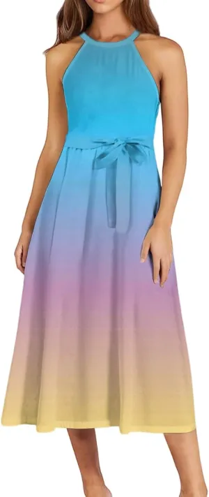 Womens Midi Halter Floral Dresses Casual Summer Tie Empire Waist Sleeveless Flowy A Line Sundress Frocks