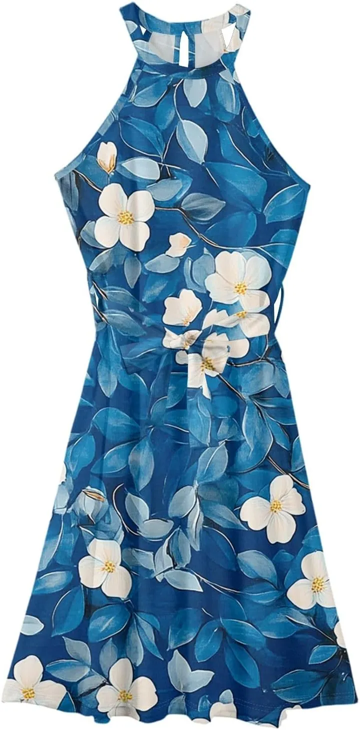 Womens Midi Halter Floral Dresses Casual Summer Tie Empire Waist Sleeveless Flowy A Line Sundress Frocks