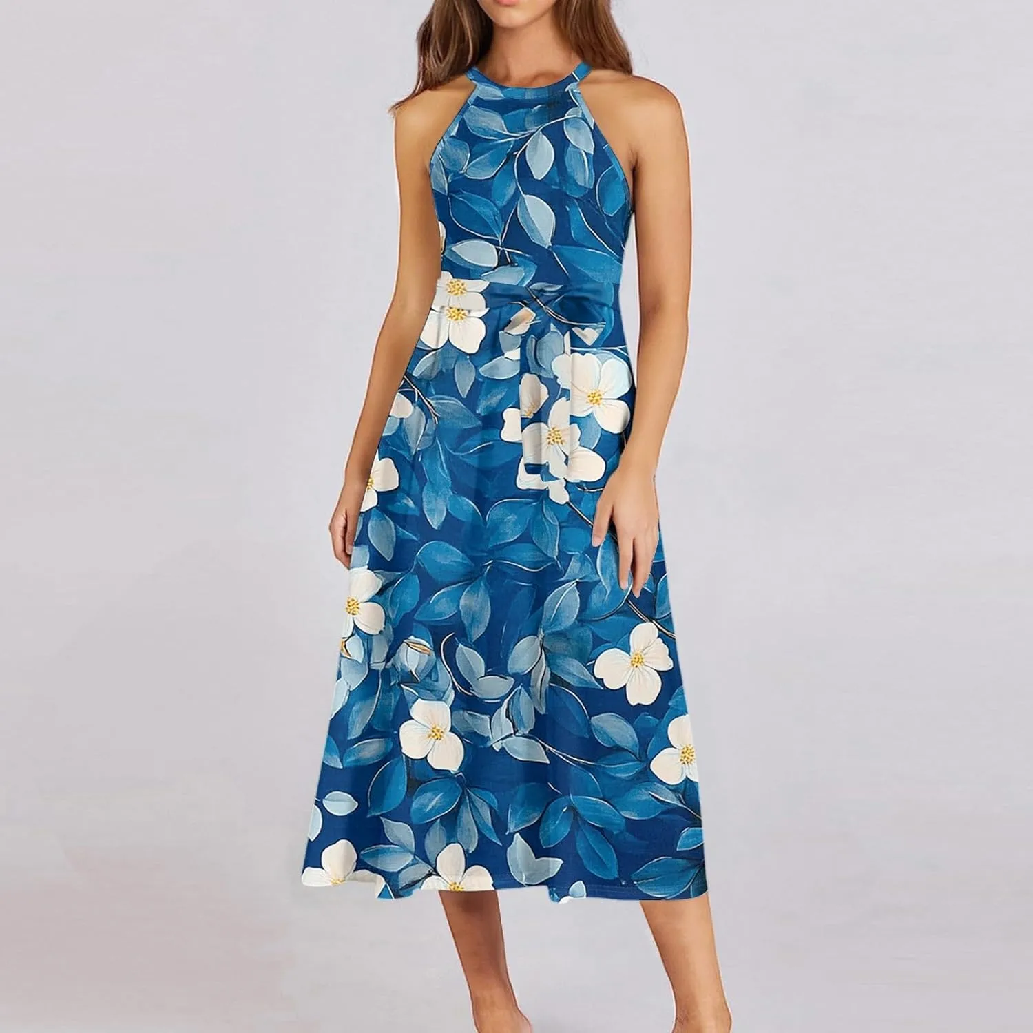 Womens Midi Halter Floral Dresses Casual Summer Tie Empire Waist Sleeveless Flowy A Line Sundress Frocks