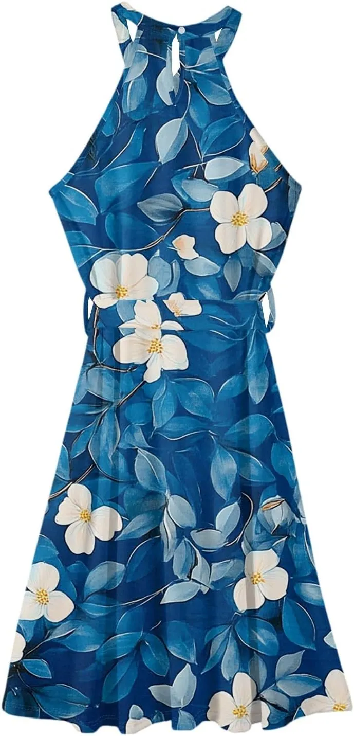 Womens Midi Halter Floral Dresses Casual Summer Tie Empire Waist Sleeveless Flowy A Line Sundress Frocks