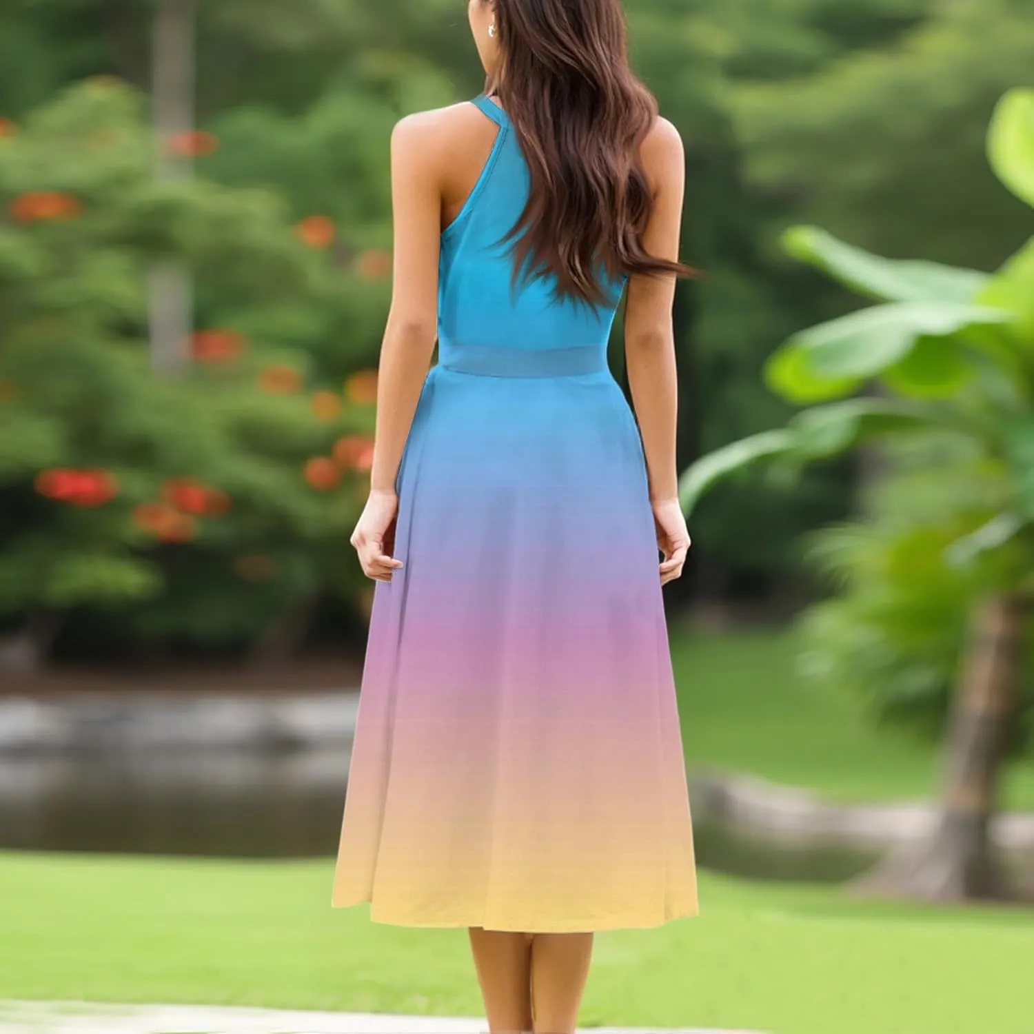 Womens Midi Halter Floral Dresses Casual Summer Tie Empire Waist Sleeveless Flowy A Line Sundress Frocks