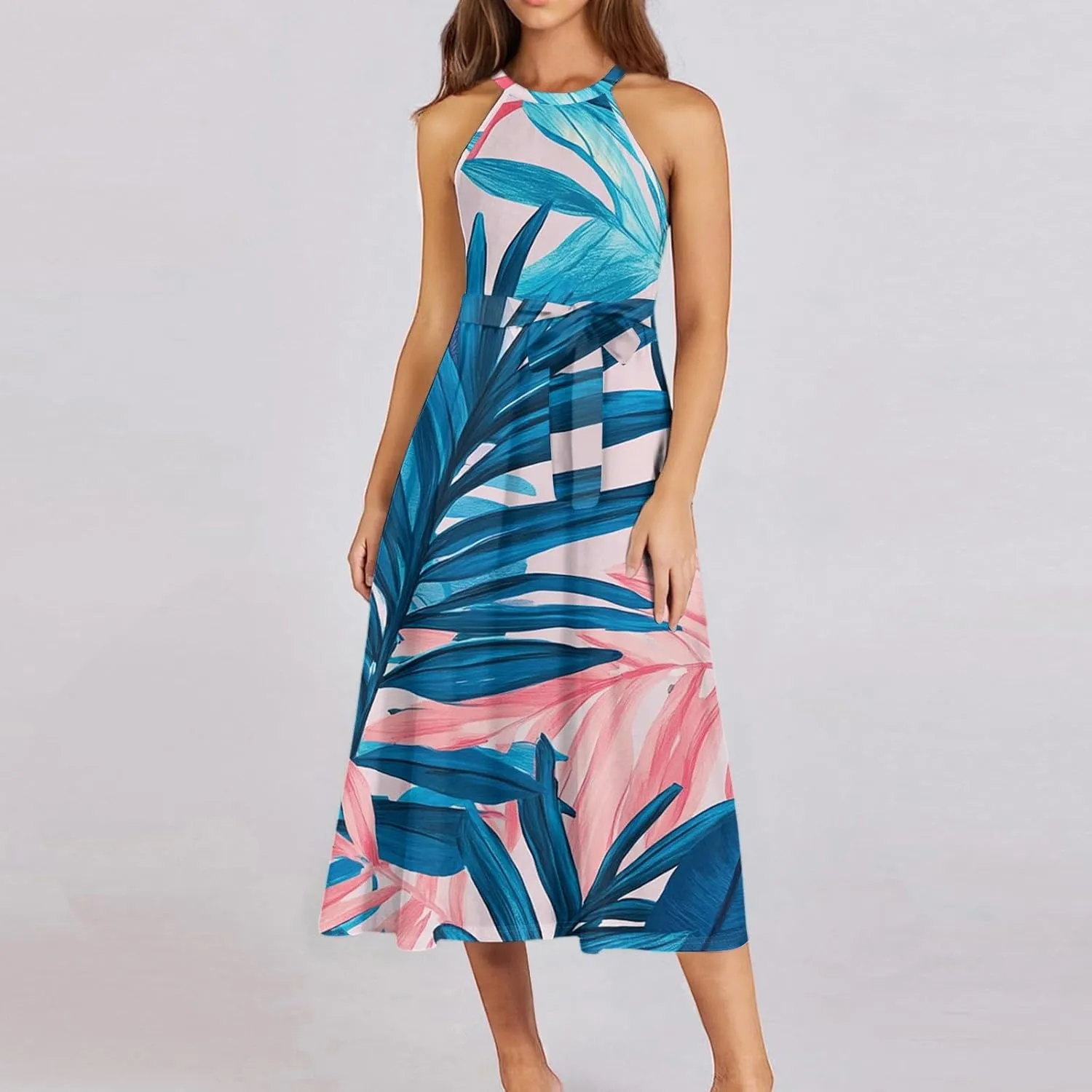 Womens Midi Halter Floral Dresses Casual Summer Tie Empire Waist Sleeveless Frocks Flowy A Line Sundress