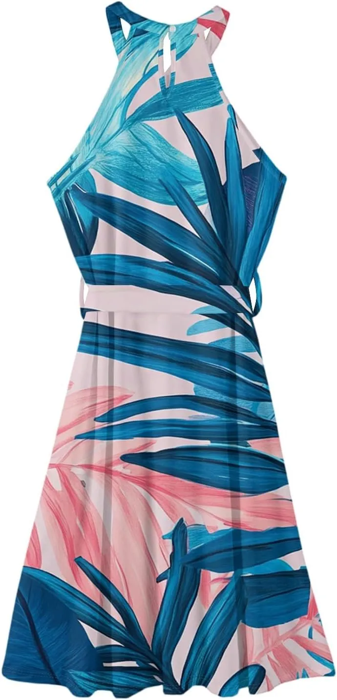Womens Midi Halter Floral Dresses Casual Summer Tie Empire Waist Sleeveless Frocks Flowy A Line Sundress