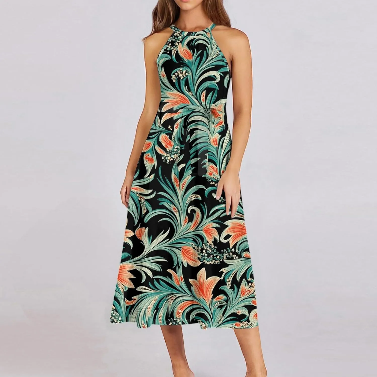 Womens Midi Halter Floral Dresses Casual Summer Tie Empire Waist Sleeveless Frocks Flowy A Line Sundress