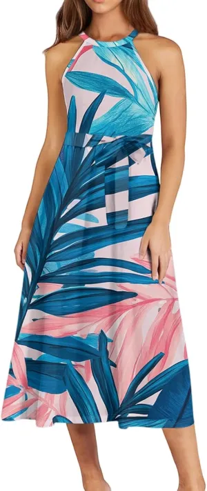 Womens Midi Halter Floral Dresses Casual Summer Tie Empire Waist Sleeveless Frocks Flowy A Line Sundress