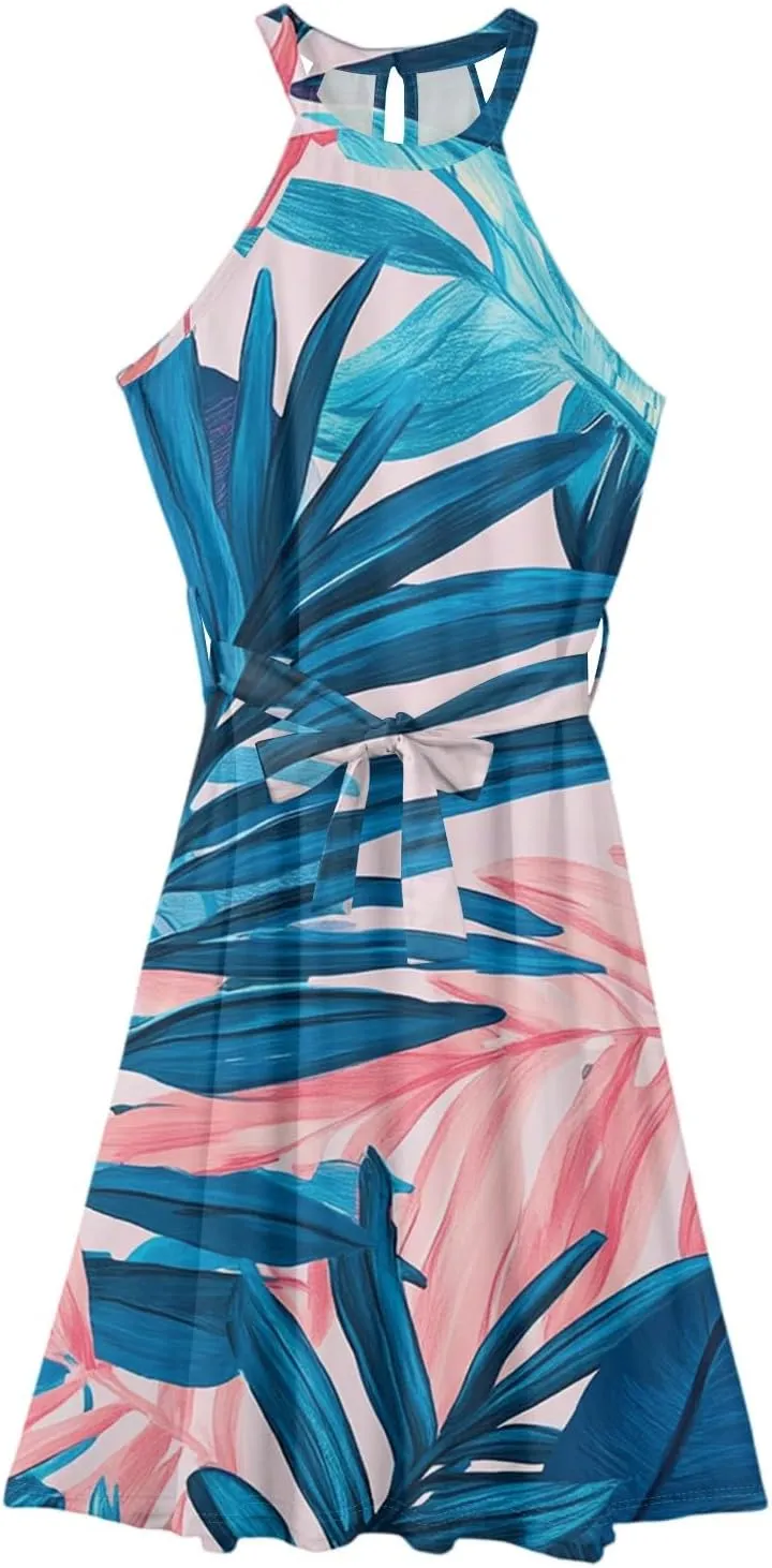 Womens Midi Halter Floral Dresses Casual Summer Tie Empire Waist Sleeveless Frocks Flowy A Line Sundress