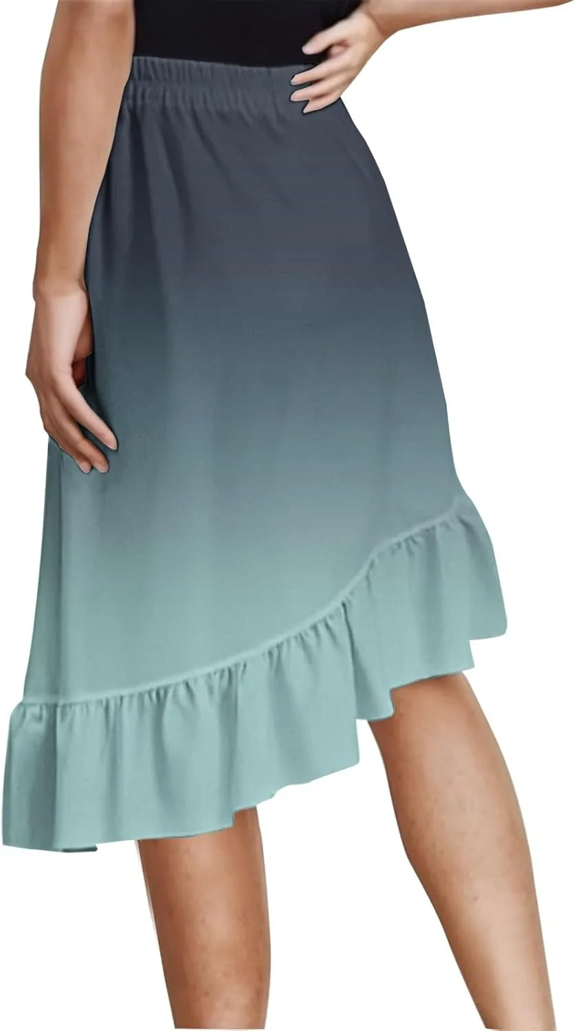 Women's Midi Skirt Casual Boho Floral Elastic Waist A Line Summer Slim Fit High Low Hem Skirts Beach Outfits Dress