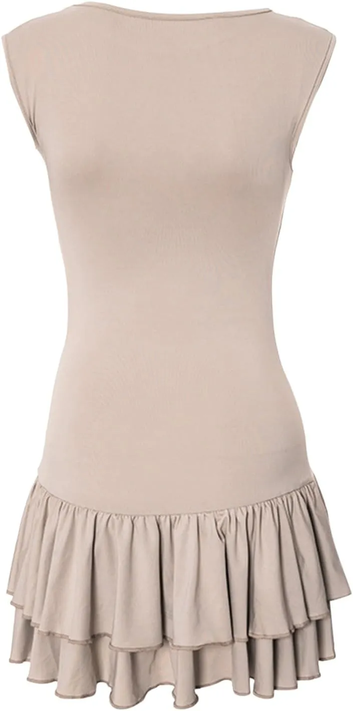 Womens Mini Dress Double Layered Ruffle Hem Ruched Tiered Skirt Bodycon Sleeveless Tank Slim Fit Corset Short