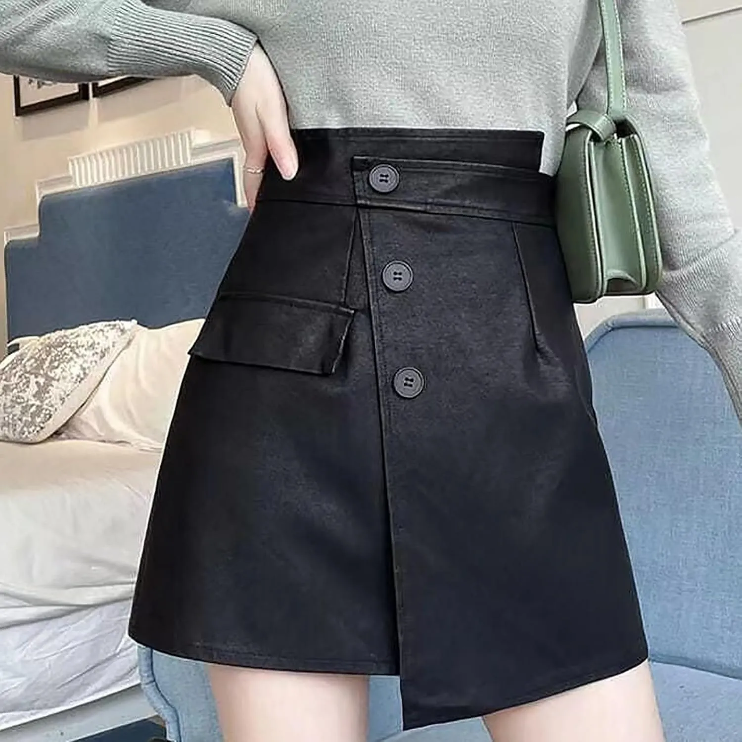 Women's Mini Skirt High Waist Button Asymmetrical Hem Bodycon Skirt with Pockets Solid Color Fashion Party Clothing
