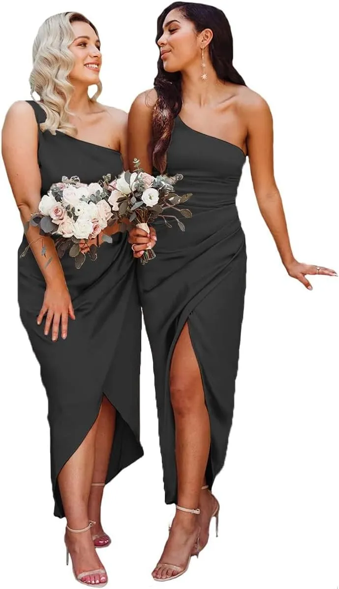 Women's One Shoulder Bridesmaid Dresses for Wedding Satin Wrap Dress Formal Evening Party Gown ZN016