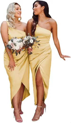 Women's One Shoulder Bridesmaid Dresses for Wedding Satin Wrap Dress Formal Evening Party Gown ZN016