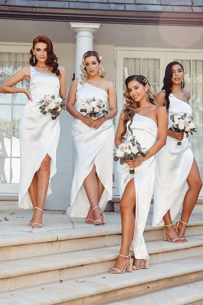 Women's One Shoulder Bridesmaid Dresses for Wedding Satin Wrap Dress Formal Evening Party Gown ZN016