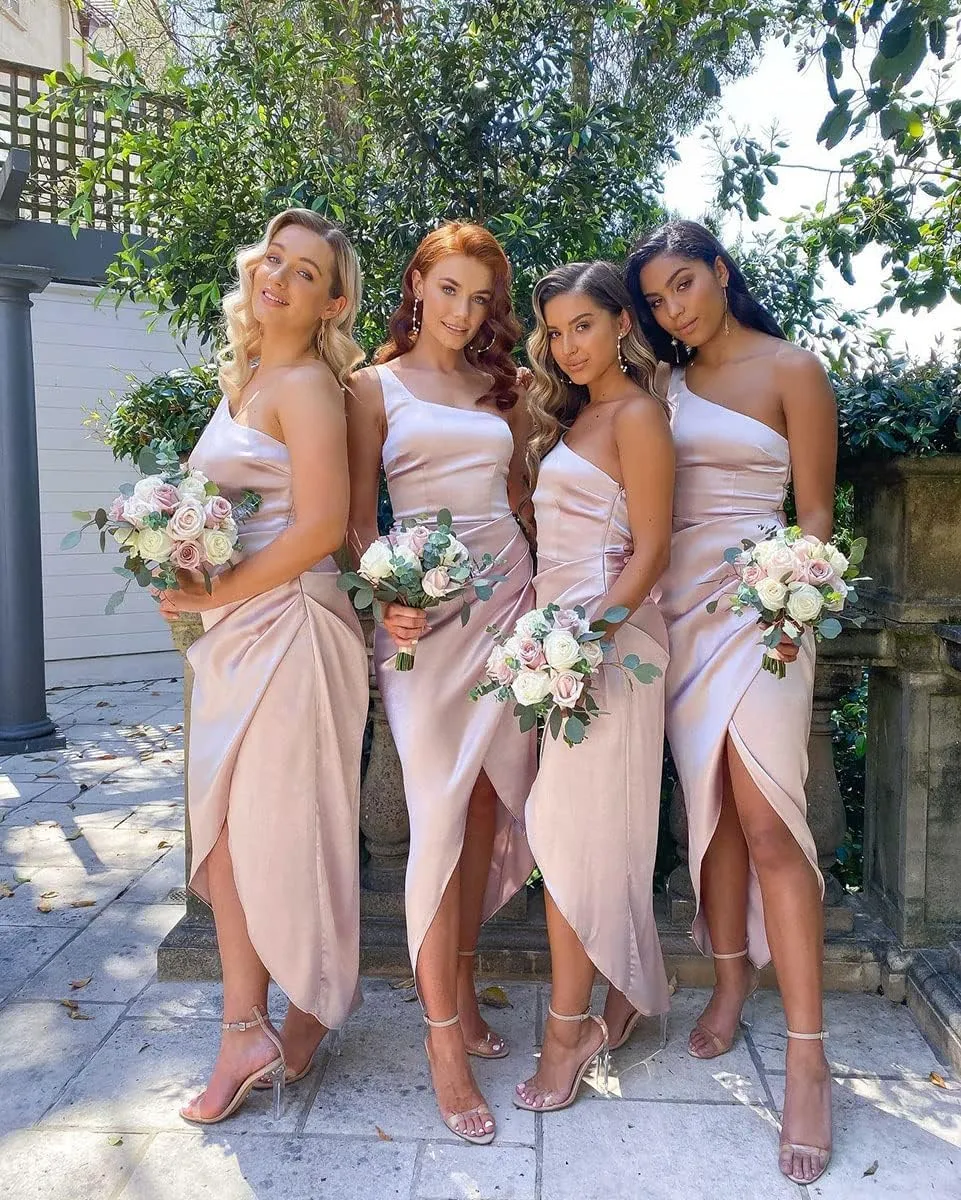 Women's One Shoulder Bridesmaid Dresses for Wedding Satin Wrap Dress Formal Evening Party Gown ZN016