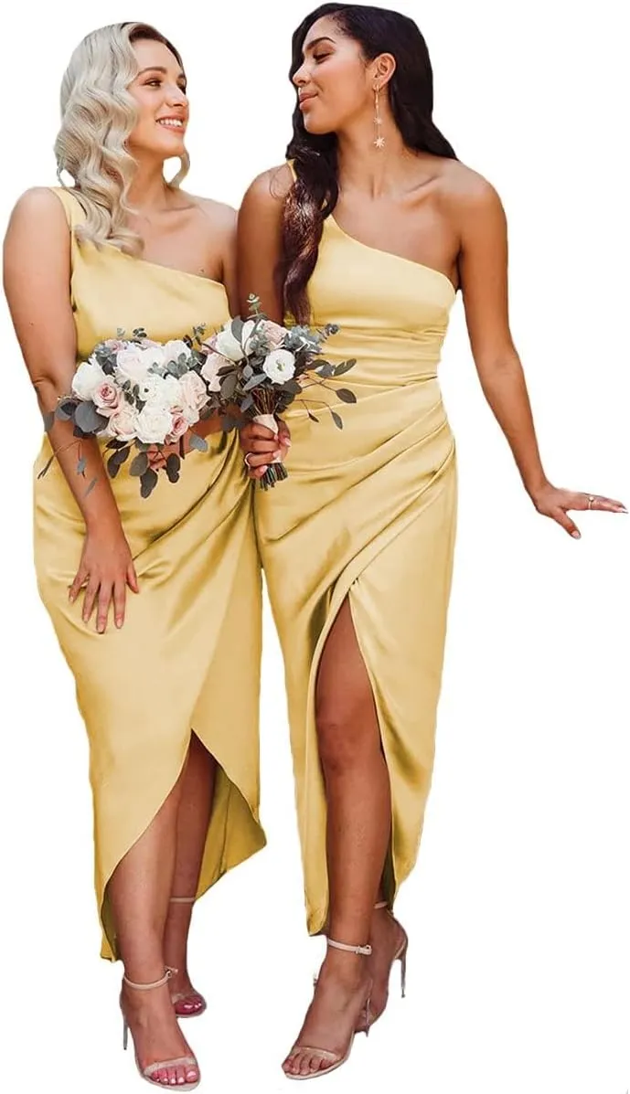 Women's One Shoulder Bridesmaid Dresses for Wedding Satin Wrap Dress Formal Evening Party Gown ZN016