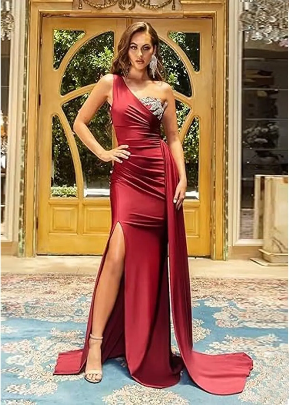 Women's One Shoulder Mermaid Prom Dresses Long Satin Bodycon Paty Formal Evening Gowns with Slit