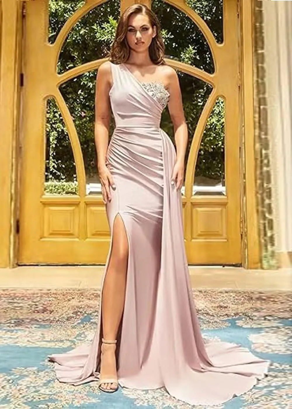 Women's One Shoulder Mermaid Prom Dresses Long Satin Bodycon Paty Formal Evening Gowns with Slit