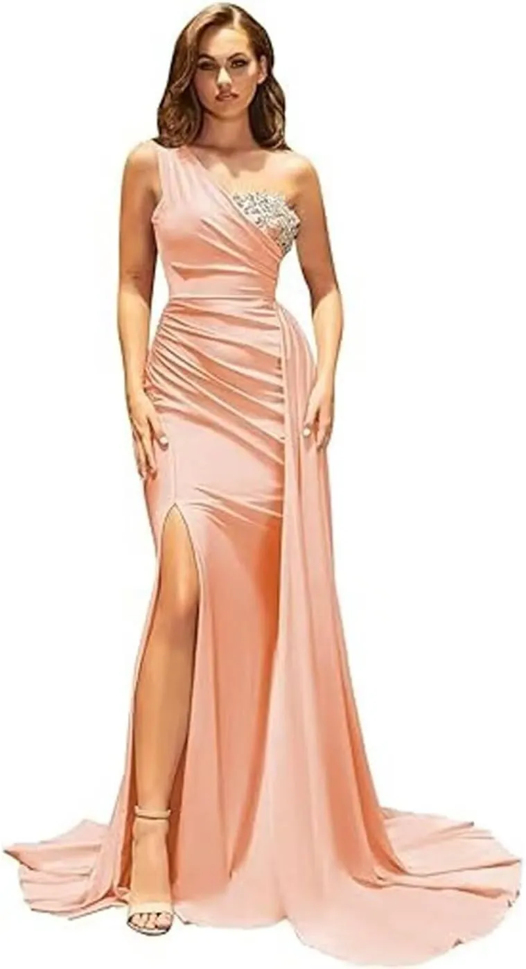 Women's One Shoulder Mermaid Prom Dresses Long Satin Bodycon Paty Formal Evening Gowns with Slit