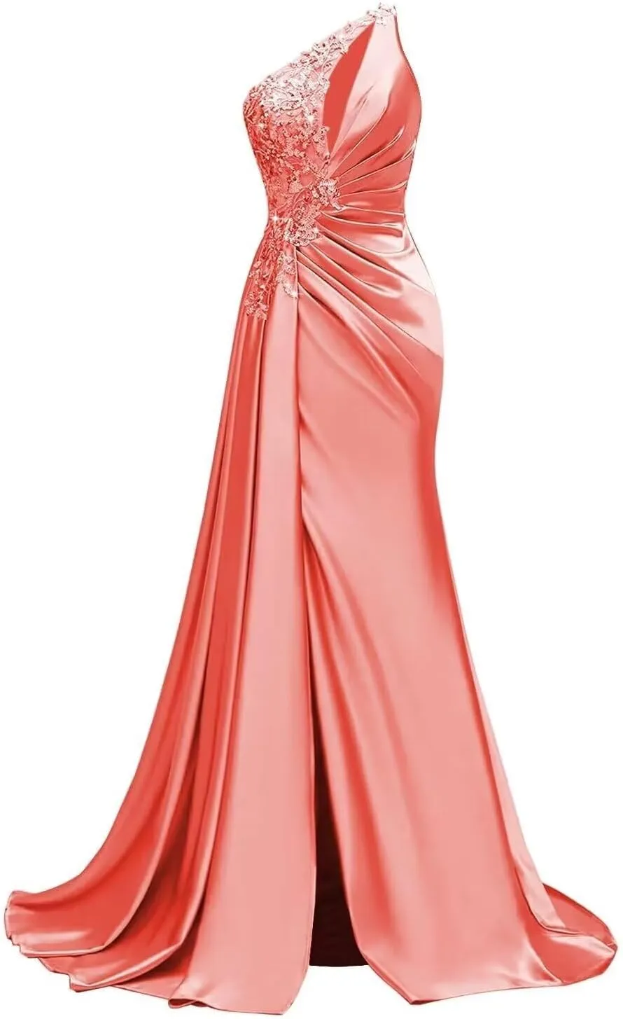 Womens One Shoulder Prom Dresses 2025 Elegant Mermaid Satin Ruched Formal Evening Dresses